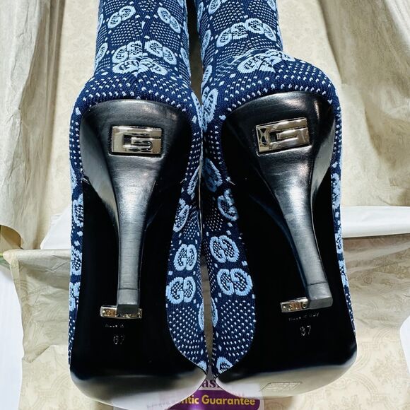 Gucci Knee High Boots 37/ US 7 GG Supreme Blue Knit Socks Pull On NIB - Picture 9 of 13